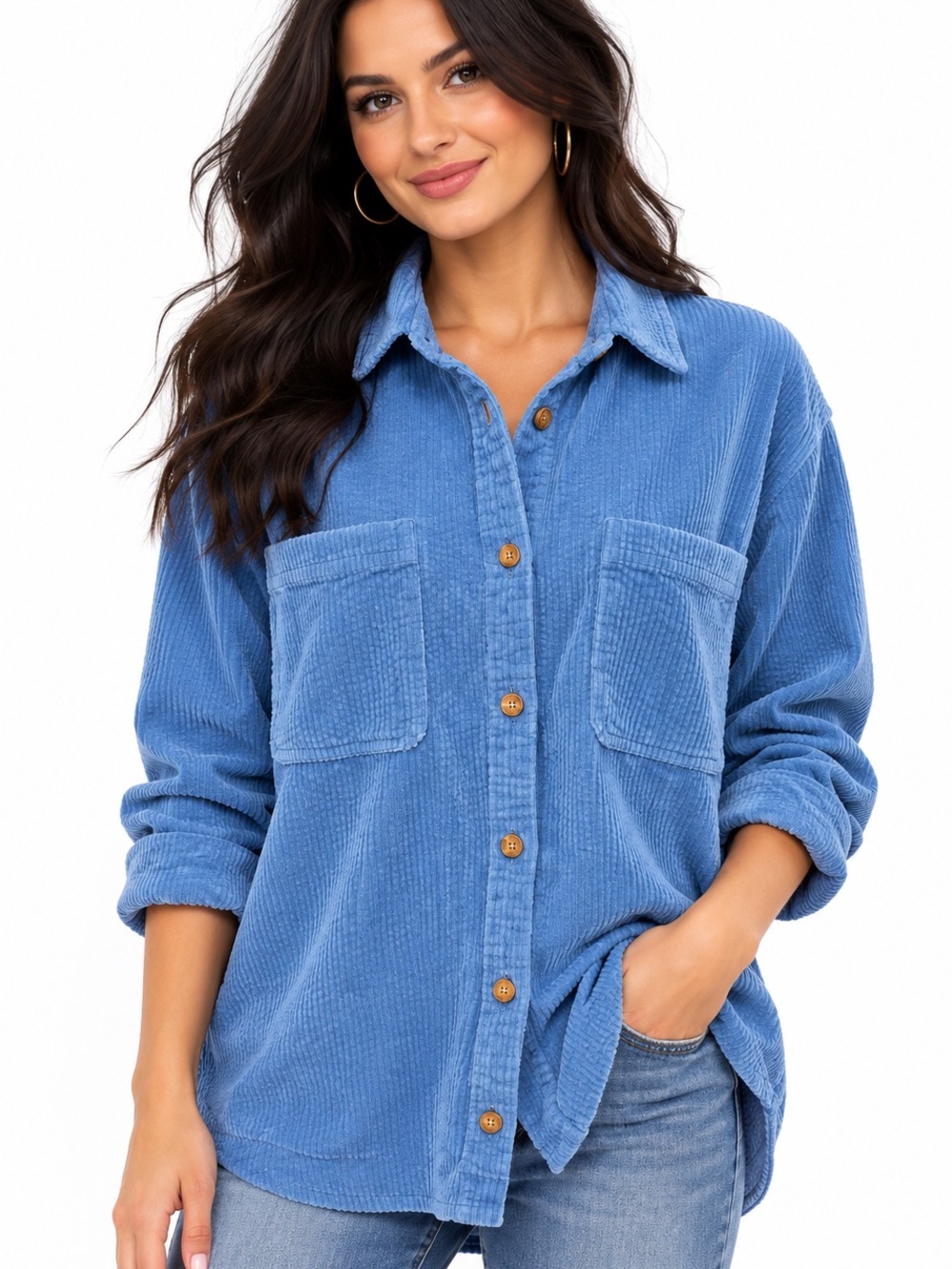 L.L. Bean 100 Cotton Blue Corduroy Button-Up Shacket Top Preppy Classic